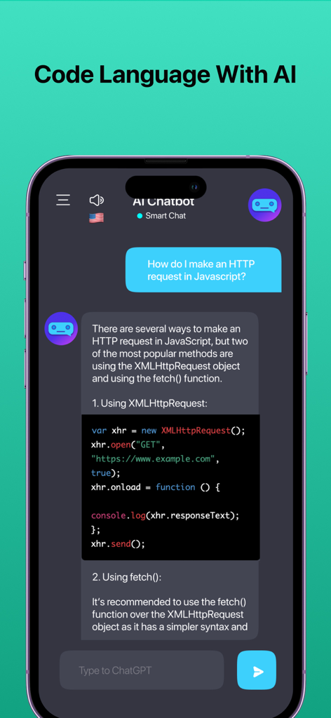 AI Chat Chatbot - Interfaz del Chatbot de IA que muestra un asistente de IA proporcionando código JavaScript para una solicitud HTTP