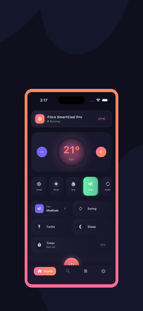 Smart AC Remote Control - Interfaccia dell'app Smart AC Remote Control che mostra le impostazioni del condizionatore e il controllo della temperatura in modalità scura.