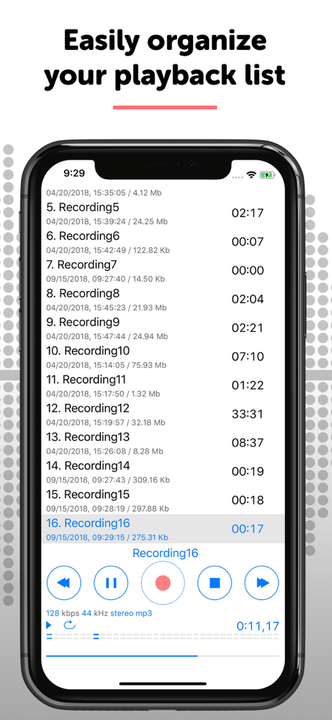 Dictaphone - Audio Recorder - Professional audio recording playback list on an iPhone