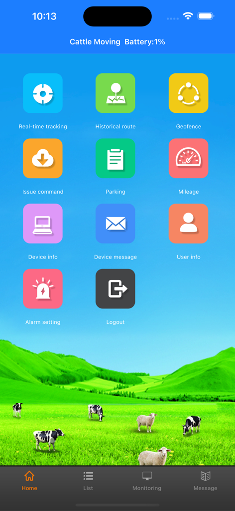 AKSH GPS - AKSH GPS app dashboard showing tracking icons like real time tracking and geofence with a background of cattle in a green pasture
