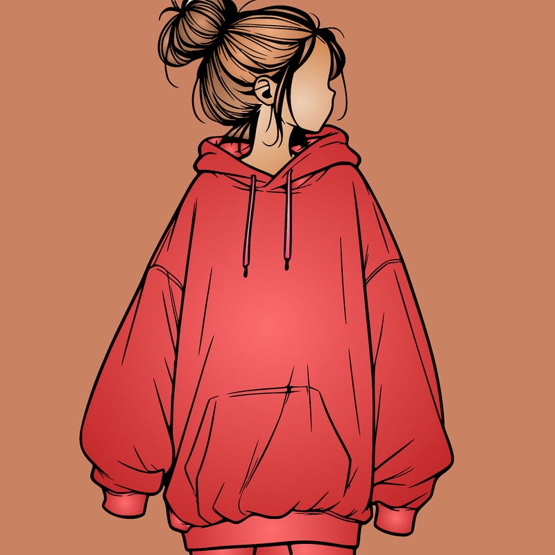 realistic girl with a oversized sweatshirt on and a bun