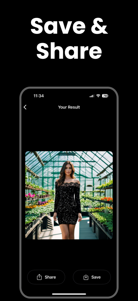 AI Clothes Changer - AI Outfit - Tela do aplicativo exibindo um resultado de experimentação virtual de look com opções para salvar e compartilhar o look