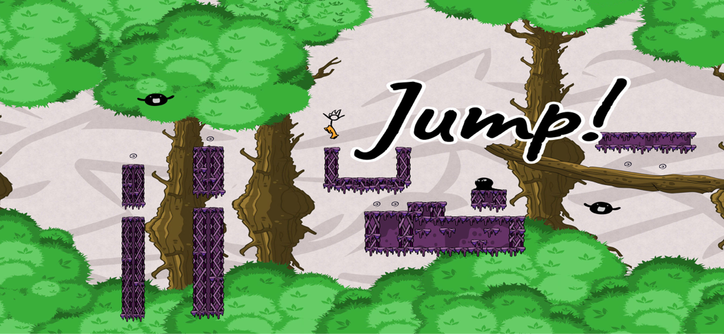 Super Fancy Pants Adventure - Stick figure character jumping across purple platforms in a hand-drawn forest level with stylized Jump text