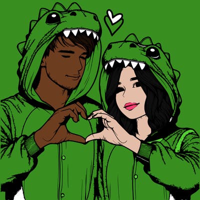 realistic couple wearing matching dinosaur onesies with heart hand gesture