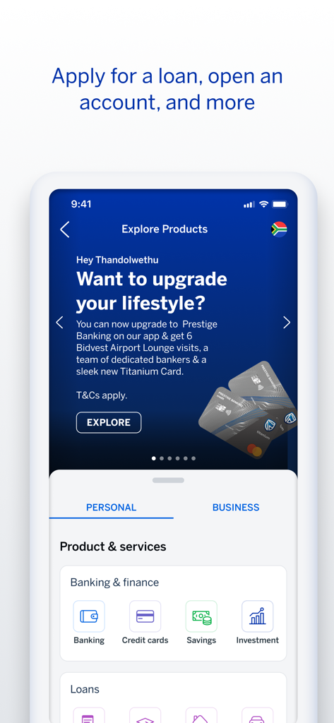 Benutzeroberfläche der mobilen Standard Bank App, die verschiedene Bankprodukte und Dienstleistungen wie Kredite und Sparkonten anzeigt.