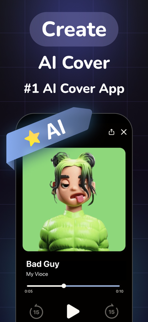 AI Cover - AI Song Generator - Mobile app interface for AI Cover showing a song player with a 3D animated character for a custom music cover