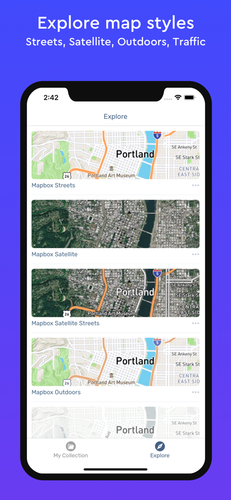 Mapbox Studio Preview - Mapbox Studio Preview interface displaying various map styles like Streets, Satellite, and Outdoors