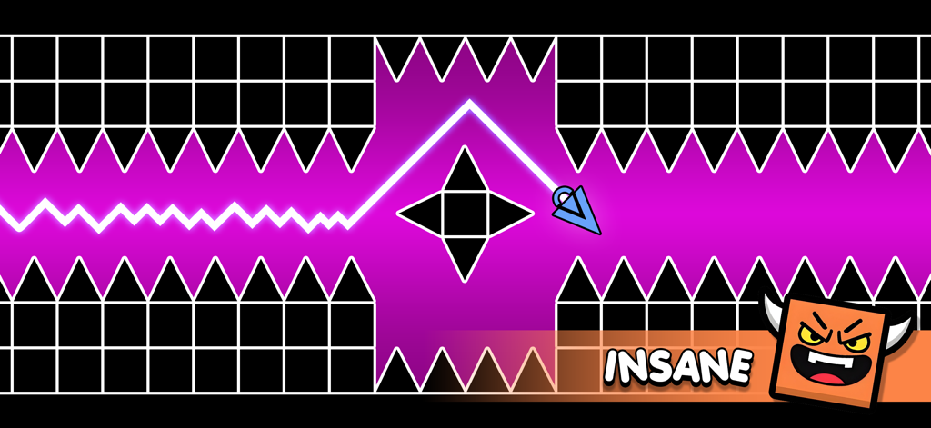 Geometry Vibes - Gameplay of Geometry Vibes showing an arrow navigating a narrow path with spikes and an insane difficulty label