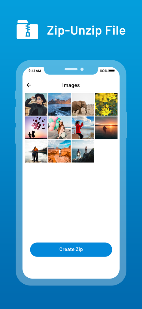 Unarchiver : Zip Unzip Tool - Mobile app interface showing a gallery of images with a Create Zip button at the bottom.