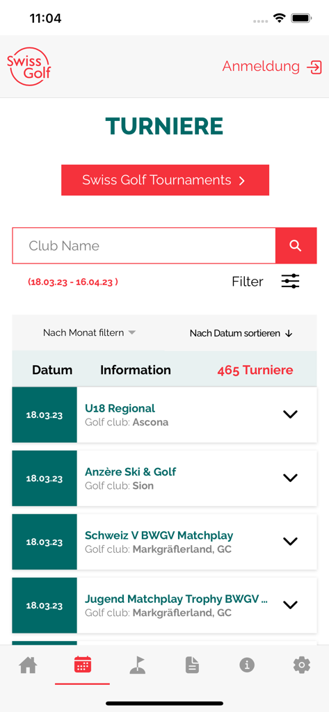 Swiss Golf - Swiss Golf mobile app interface displaying a list of upcoming golf tournaments with filter and search options