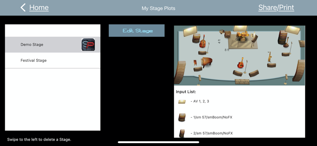 StagePlot Guru - A screenshot of the StagePlot Guru app showing a visual stage layout and its corresponding input list