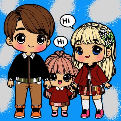 a cute couple holding hands and realistic little girl saying hi