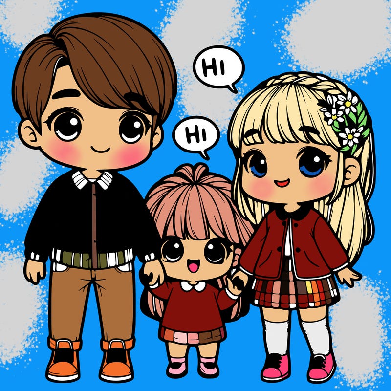 a cute couple holding hands and realistic little girl saying hi