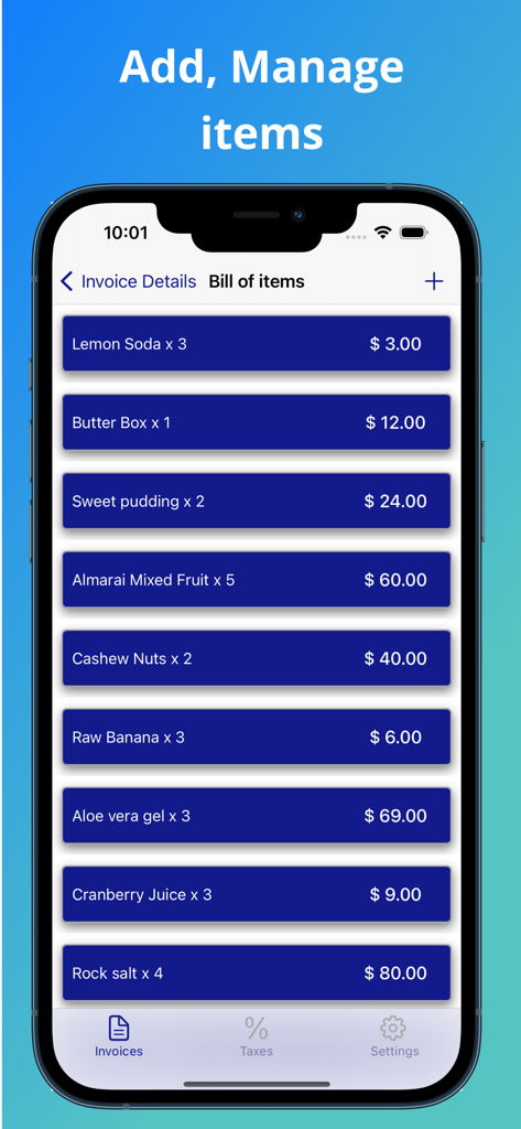 Interfaz de la aplicación móvil que muestra una lista detallada de productos con precios y cantidades para la creación de facturas