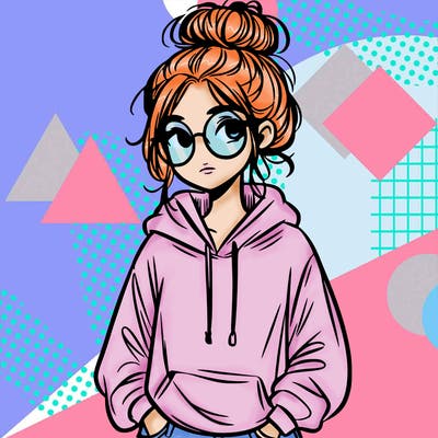 teen girl with a messy bun and glasses wearing a loose hoodie and jeans