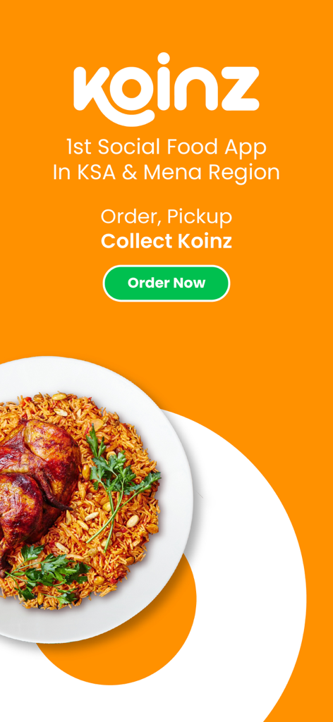 Koinz Social Food App Benutzeroberfläche für Bestellung und Abholung in KSA und MENA, mit einem Gericht aus gebratenem Hähnchen und Reis.