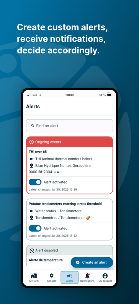 Weenat - Schermata degli avvisi dell'app Weenat che mostra notifiche agricole personalizzate e dati di monitoraggio del suolo