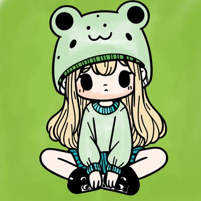 a girl wearing a frog hat and some frog socks