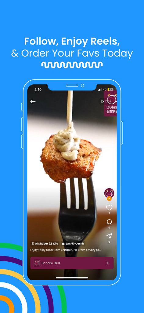 Koinz mobile app interface showing a social media style food reel with grilled meat and social icons.