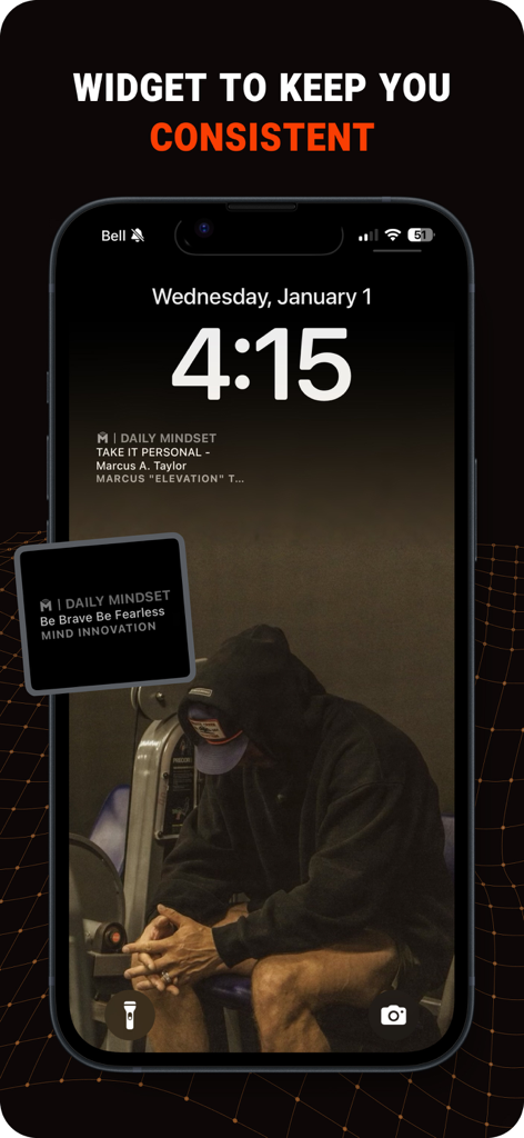Mindset: Daily Motivation App - An iPhone lock screen displaying a daily motivation widget from the Mindset app over a gym-themed background.