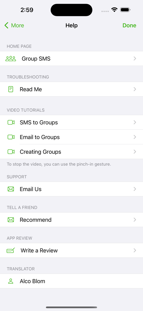 Screenshot of the Help and Support menu within the Group SMS app displaying video tutorials and troubleshooting options.