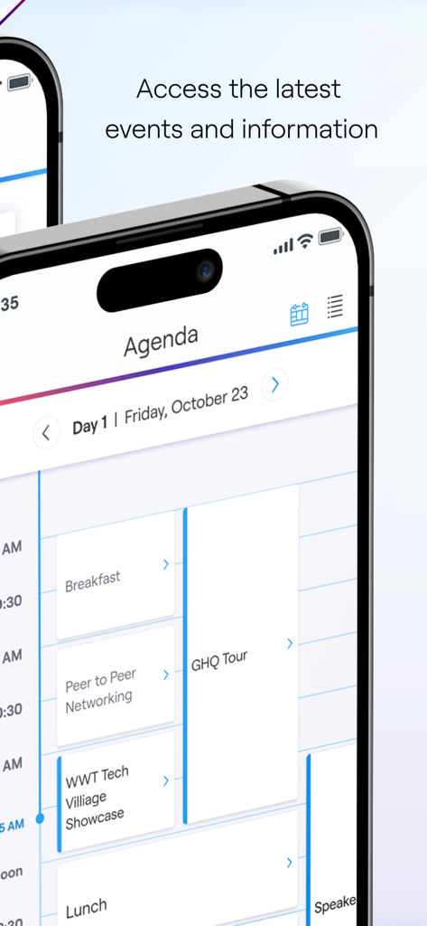 La aplicación World Wide Technology mostrando la agenda de un briefing ejecutivo con un calendario de eventos técnicos y de redes