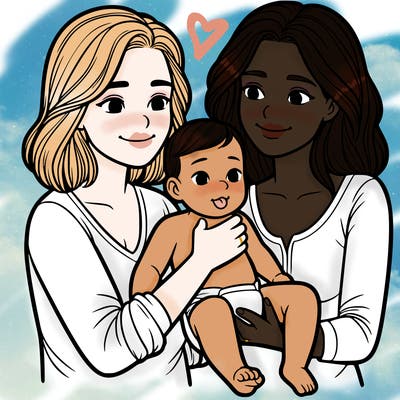 two realistic women holding one baby together