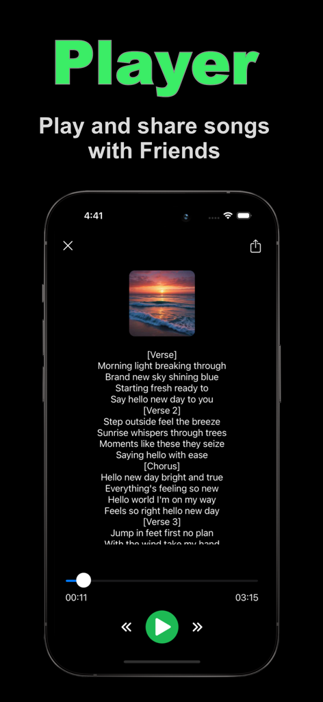 Bildschirm des KI-Song-Ersteller-App-Players, der Songtexte und Wiedergabesteuerungen anzeigt