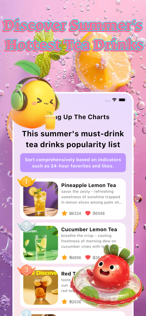 Cagic：Adult Enjoy Chat，Connect - Una tabla de clasificación en la aplicación Cagic que muestra recetas populares de té de frutas, incluyendo té de piña y limón y té de pepino y limón.
