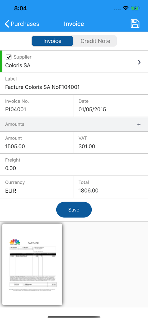 Cash Manager - Interface de l'application Cash Manager affichant les détails de la facture après numérisation OCR