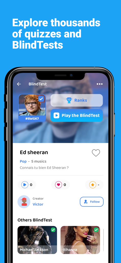 QuizHit - Blind test & Quiz - Pantalla de la aplicación móvil QuizHit que presenta una prueba a ciegas de música de Ed Sheeran con opciones para jugar y ver rankings.