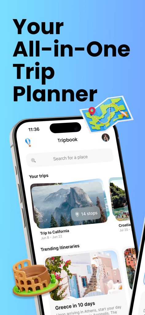Interfaccia dell'app mobile Tripbook che mostra itinerari di viaggio curati e strumenti di pianificazione del viaggio.