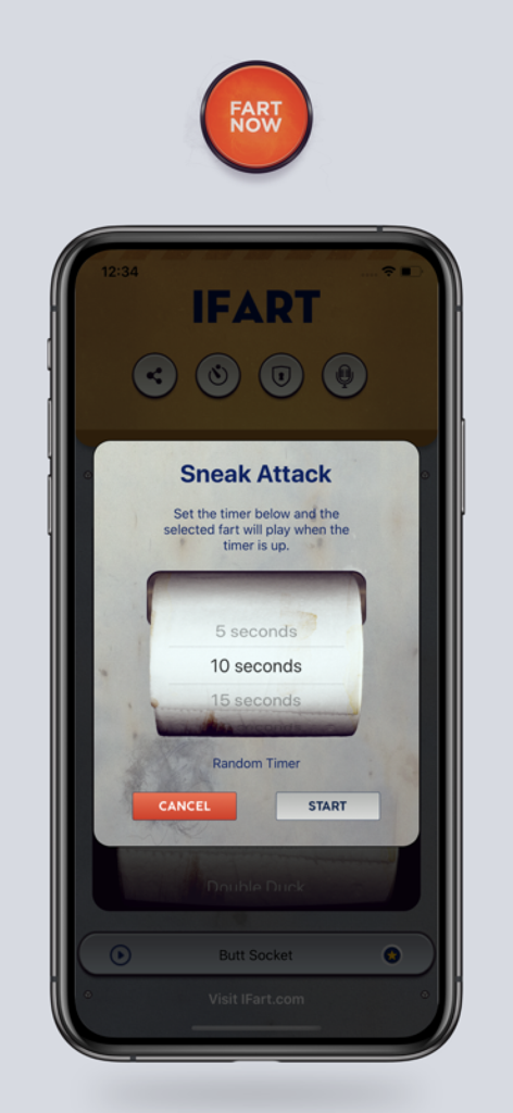 iFart - Fart Sounds App - iFart app interface showing the sneak attack timer feature with a toilet paper roll selector