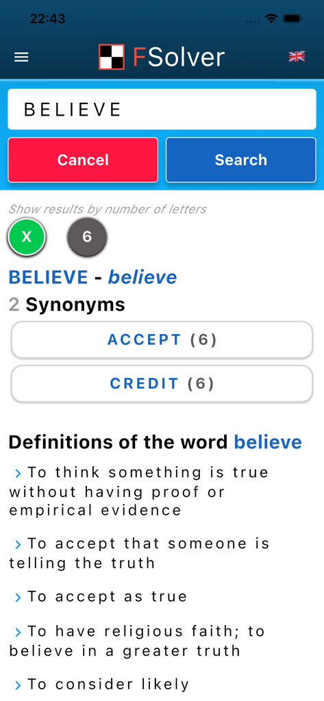 Interface de l'application FSolver affichant des synonymes et des définitions pour le mot 'croire' comme solution de mots croisés.