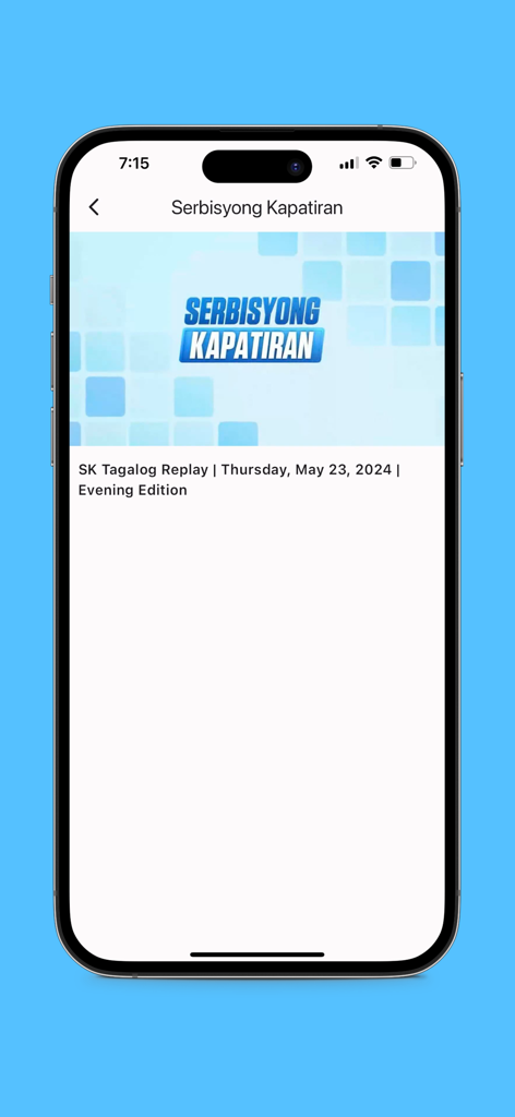 MCGI TV - Smartphone screen showing the Serbisyong Kapatiran program on the MCGI TV app.