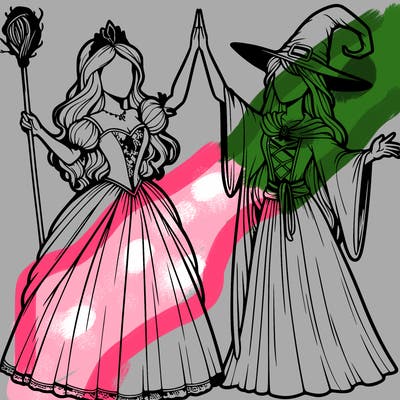 detailed realistic split of a princess and a witch