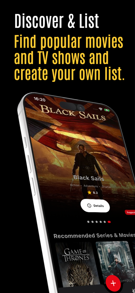 Movie & Series List - Screenshot of the Movie & Series List app showing popular TV shows and movie recommendations for personal watchlists.