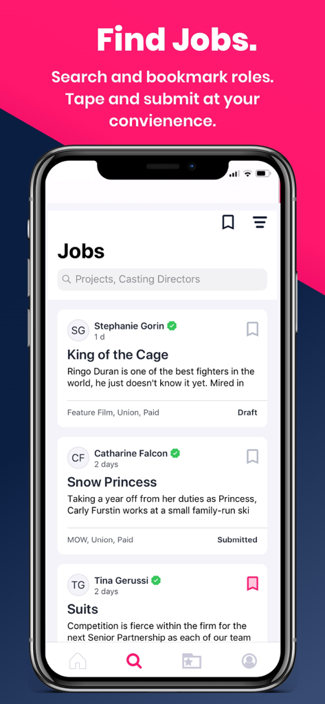 Actor App by Casting Workbook - Casting WorkbookによるActor Appのインターフェース。プロジェクトタイトルとキャスティングディレクター名が表示された利用可能な演技の仕事とキャスティングコールを示しています。