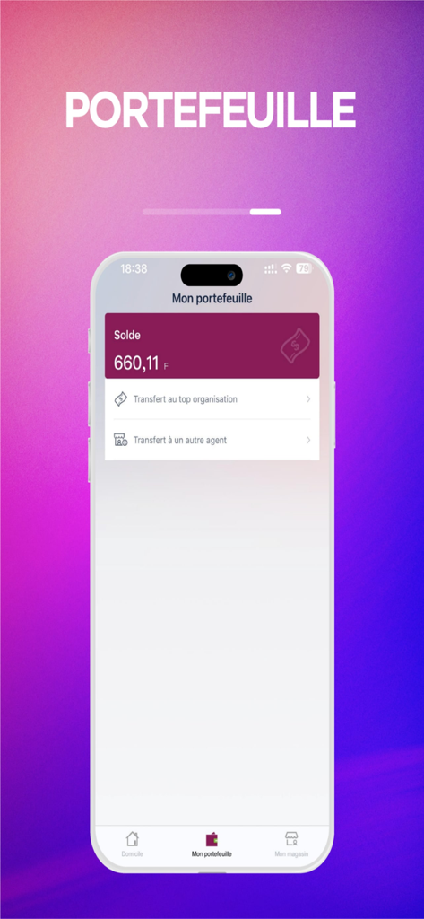 Oberfläche der Partenaires waa App, die den Wallet-Bildschirm mit aktuellem Guthaben und Optionen für Geldüberweisungen anzeigt.