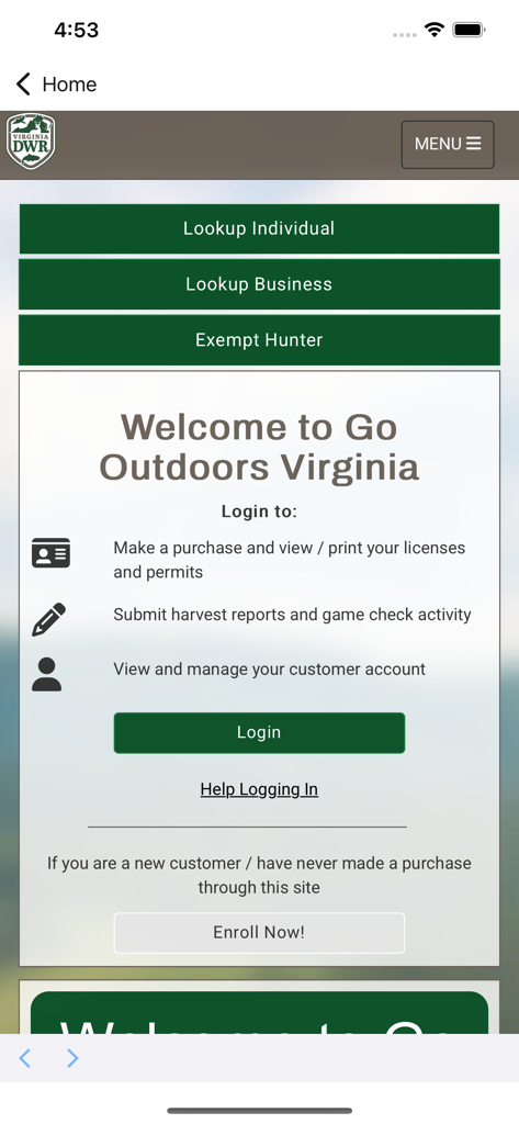 Go Outdoors VA mobile app welcome screen showing login and enrollment options for Virginia hunting and fishing licenses