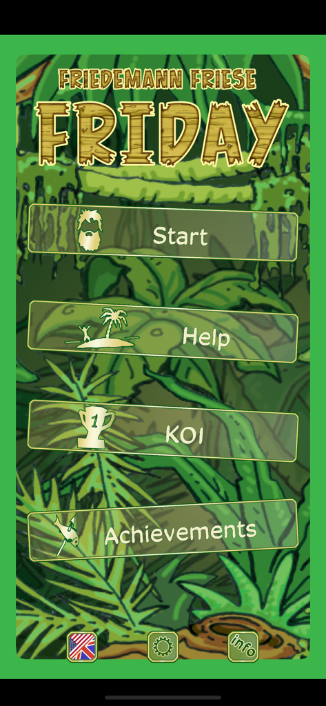 Friday - by Friedemann Friese - Hauptmenübildschirm des mobilen Spiels Friday von Friedemann Friese mit Dschungelhintergrund