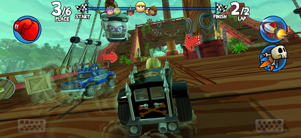 Beach Buggy Racing 2 - Gameplay screenshot of Beach Buggy Racing 2 showing stylized cars racing on a pirate ship themed wooden track.
