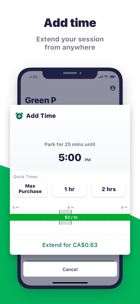 Green P - Green P app interface showing the add time feature to extend a parking session remotely