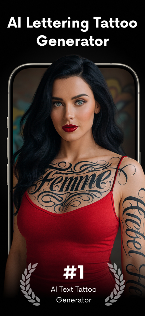 A woman displaying high-quality AI-generated script tattoos on her chest and arm