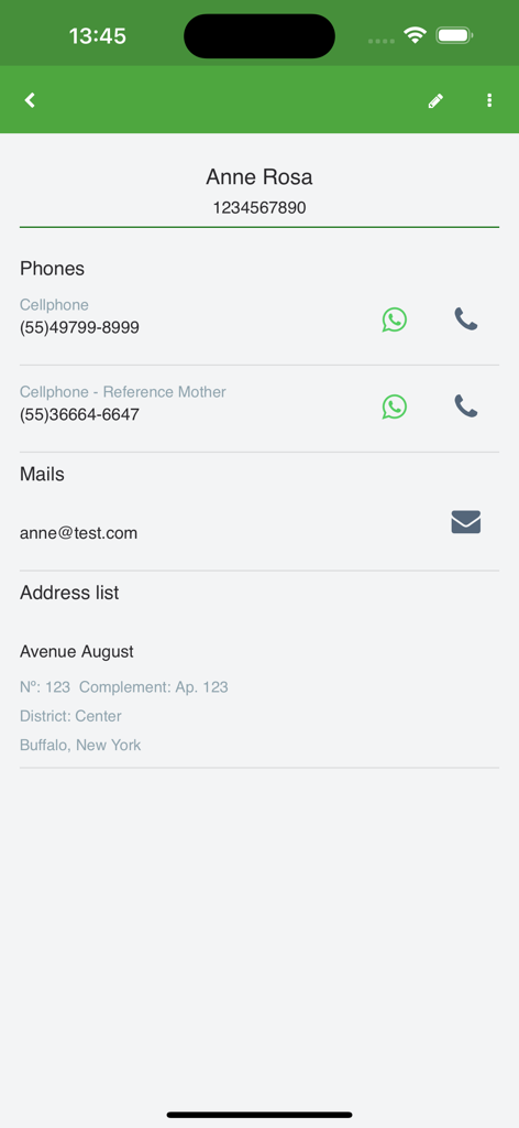 Receipt Generator v2 - Mobile app screen showing a client contact card with phone numbers, email, and address information