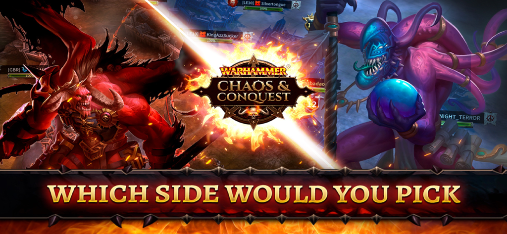 Warhammer: Chaos & Conquest - Warhammer Chaos and Conquest promotional art featuring two demonic figures representing different Chaos gods and the text Which side would you pick.