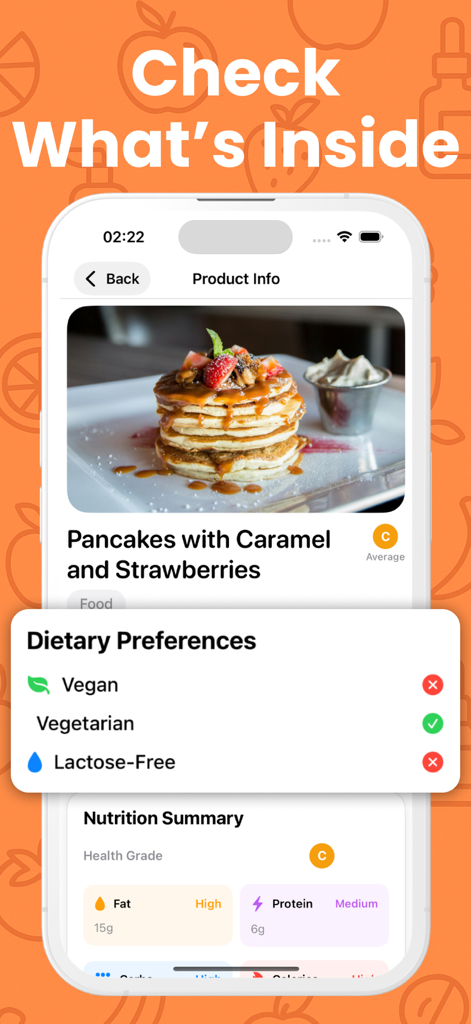 Food Checker Cosmetic Scanner - Mobile screen of the Food Checker app showing dietary preferences and nutritional summary for a pancake dish