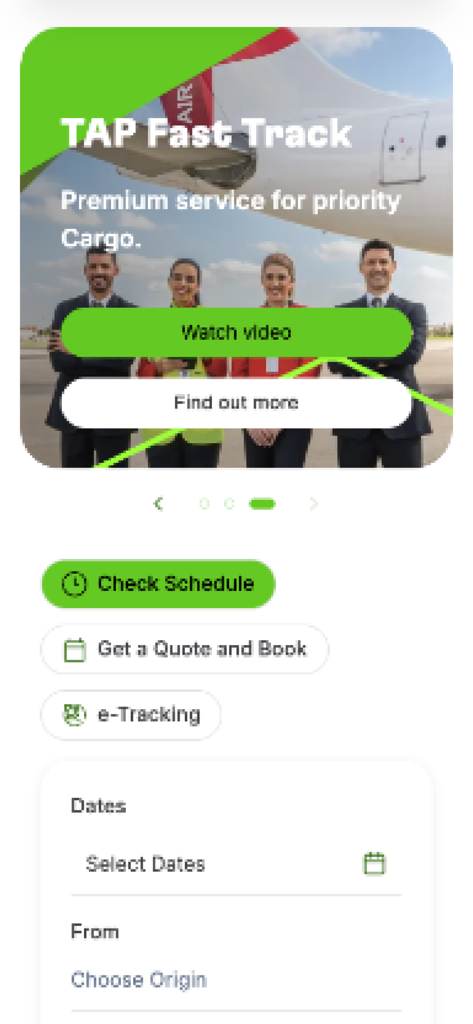 TAP Cargo 앱 대시보드가 항공편 일정 및 전자 추적을 포함한 물류 도구를 보여줍니다