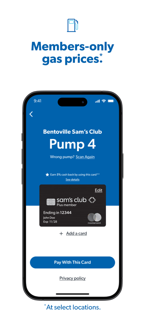 Mobile app interface for paying at Sam's Club gas pumps with a member credit card