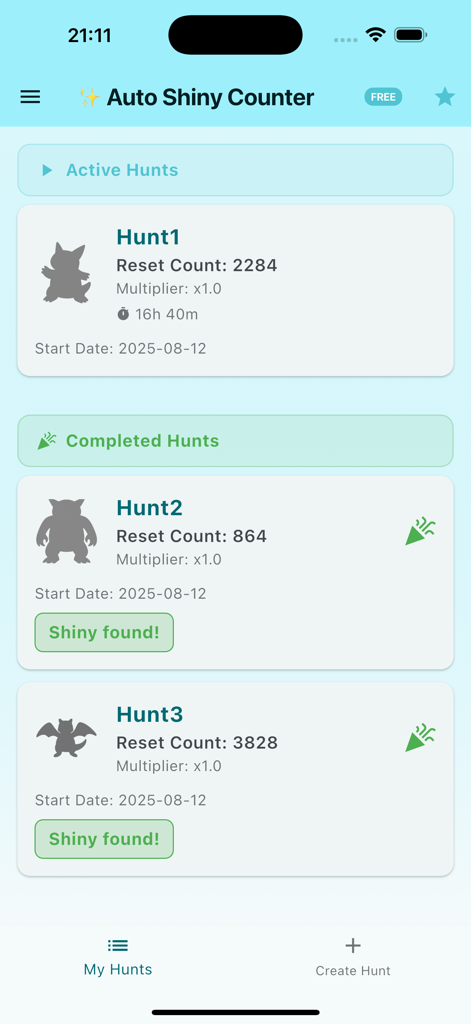 Auto Shiny Counter - Dashboard of the Auto Shiny Counter app showing a list of active and completed shiny Pokémon hunts with reset counts and duration statistics